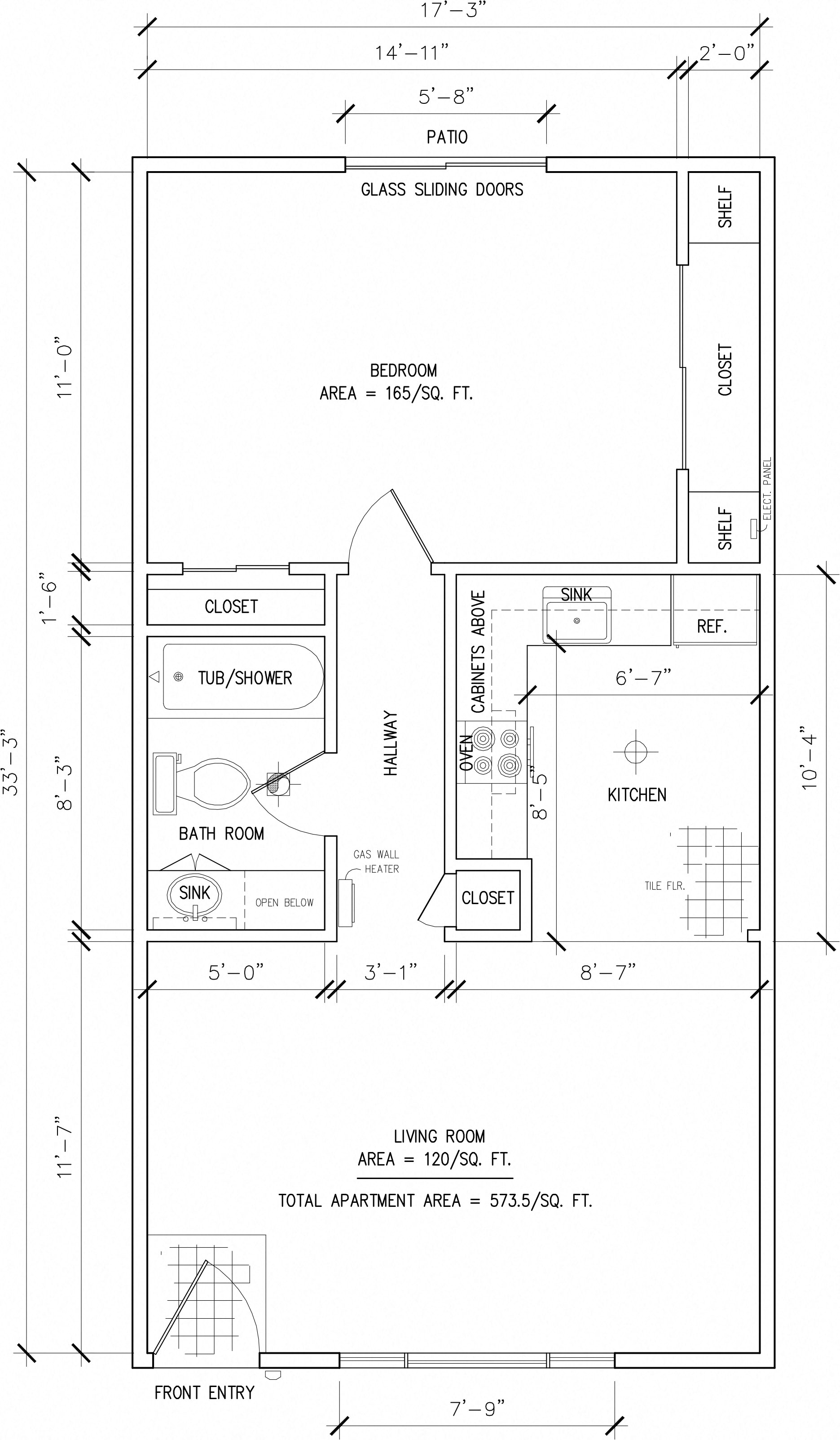 Floor plan for 1 bed, 1 bath, 580 sqft